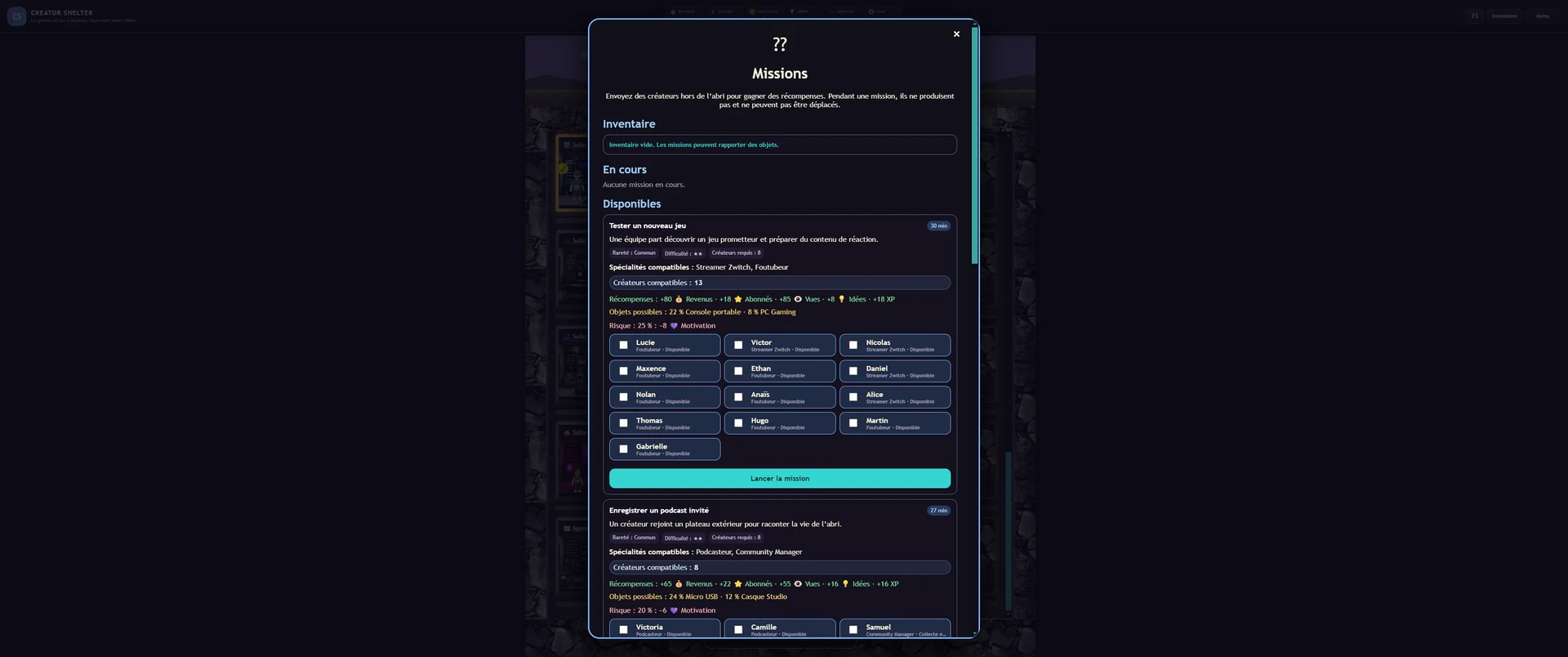 Fenêtre de missions et objectifs dans Creator Shelter
